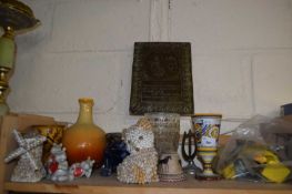 Mixed Lot: Orange flambe style vase, glass vase, shell cat etc