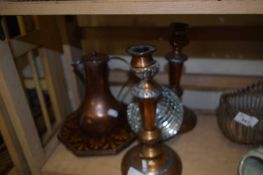 Pair of mixed metal candlesticks together with a copper jug, a wooden tray and a small disco ball