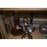 Pair of mixed metal candlesticks together with a copper jug, a wooden tray and a small disco ball