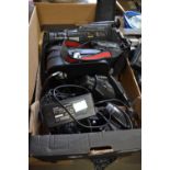 Box of assorted cameras to include a Pentax AF260 and lens, a Sony Video 8 Handicam Video Camera,