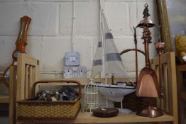Model of a pond yacht, tape measure, copper effect fire irons together with a quantity of assorted