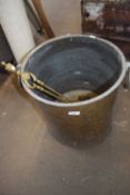 Copper log bin with ringlet handles and a pair of accompanying fire tongs (2)
