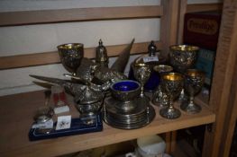 Quantity of assorted metal wares to include pair of table pheasants, goblets, coasters etc
