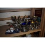 Quantity of assorted metal wares to include pair of table pheasants, goblets, coasters etc