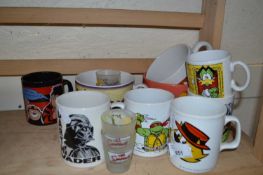 Quantity of assorted novelty mugs to include Star Wars, Dennis the Menace, Scooby Doo and others