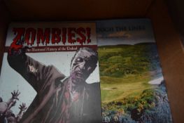 Two boxes of books to include Another Journey Through the Links by David Worley, Zombies, arts