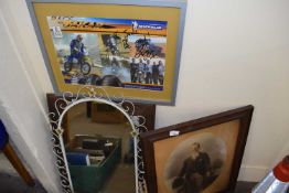 White metal framed arched wall mirror together with a photographic print of a gentleman, signed