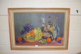 MURIEL HADDON INWOOD, STILL LIFE OF FRUIT BASKET AND WINE BOTTLES, DATED '64, OIL ON CANVAS, FRAMED