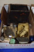 Pair of royal commemorative tins together with an assortment of glass ware, wooden boxes etc