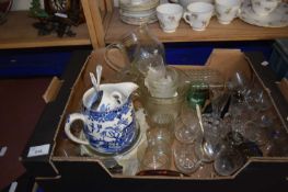 Mixed Lot: Assorted glass ware, blue and white jug, glass jugs etc