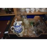 Mixed Lot: Assorted glass ware, blue and white jug, glass jugs etc