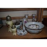 Mixed Lot: Ceramics to include trinket boxes, pair of candlesticks, ring holder etc