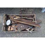 Box of various vintage saws and other items