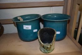 Pair of teal glazed Holdcroft planters and a Craft Pottery pot
