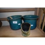 Pair of teal glazed Holdcroft planters and a Craft Pottery pot