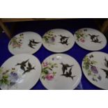 Six hand painted plates with scenes of birds and flowers