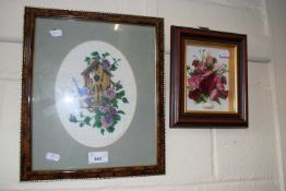 Three dimensional picture of a vase of flowers together with a further beadwork picture of a bird