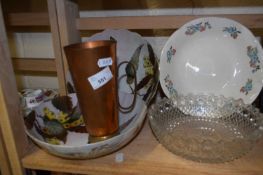 A pair of floral decorated bowls together with a glass dish, another and a copper cup