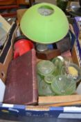 Mixed Lot: Green glass dressing table set together with a retro green plastic lampshade, torch,