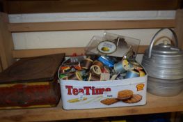 Quantity of assorted sewing threads, cottons, buttons,collectors tin and an aluminium biscuit