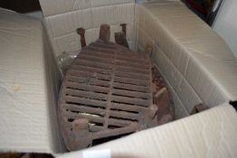 Two cast iron fire grates and other items