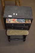 Small table top three drawer chest together with various contents and a small foot stool