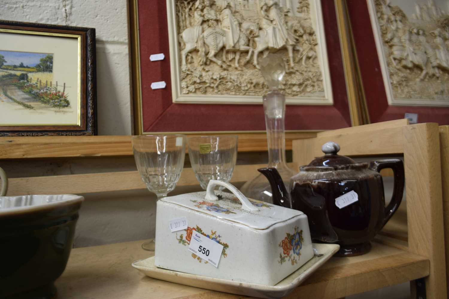 Butter dish together with a teapot and glass ware