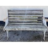 Cast iron ended wooden slatted garden bench, height approx 80cm, width approx 117cm