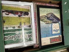 One box Framed vintage cars/ racing advertisments
