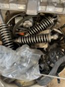 Box containing various motorcycle parts to include carburetors, rear dampers, gauges, etc