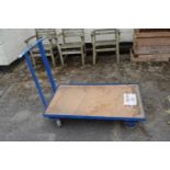 Metal framed garden trolley, total height approx 95cm, length approx 110cm, width approx 60cm