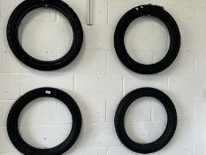 Four motorcycle tyres sizes 3.00-1847P and 100/901856S, also 3.50S18 and 3.25S18