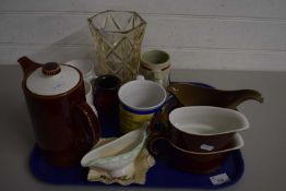 Tray of various assorted kitchen wares, tea wares, shaving mug etc