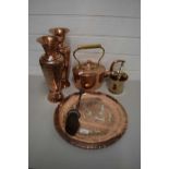 Mixed Lot: Copper kettle, copper vases, wall charge, brass pestle and mortar etc