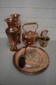 Mixed Lot: Copper kettle, copper vases, wall charge, brass pestle and mortar etc