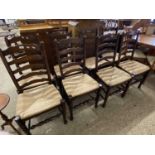 Set of eight reproduction rush seat Lancashire style ladder back dining chairs