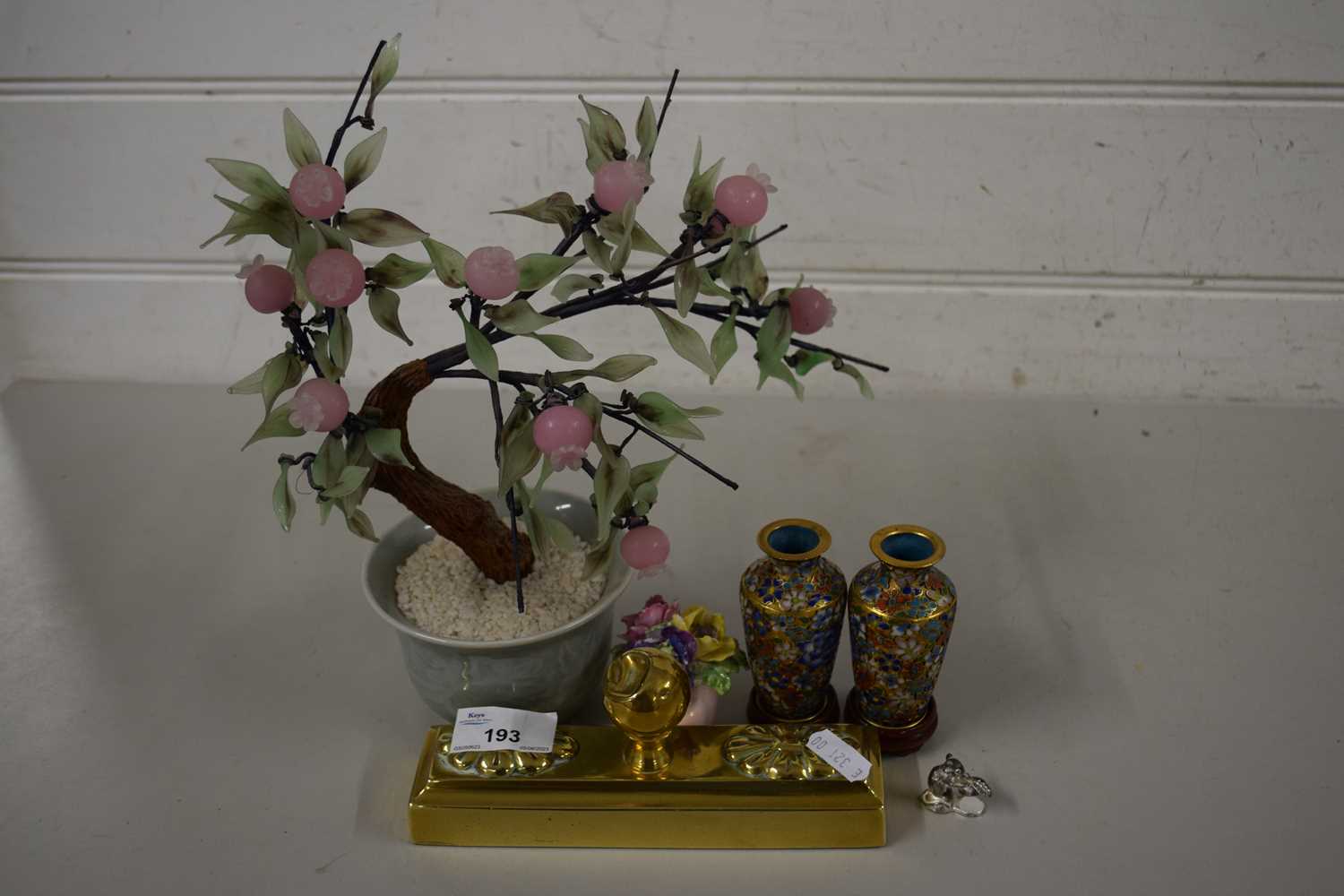 Mixed Lot: Modern Chinese glass model of a flowering plant together with a pair of small Cloisonne