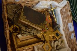 Box of assorted crucifixes, miniature Bible and other items