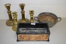 Two pairs of brass candlesticks, a Bretby planter and a further pewter bowl (6)
