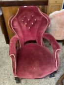 Victorian red velvet upholstered button back armchair