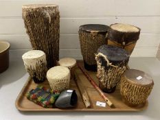 Collection of various ethnic drums, cow bell etc