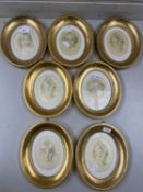 Group of seven small portraits in oval gilt frames bearing labels to the back Rene David Florence