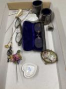 Mixed Lot: Various spectacles, hat pins, porcelain brooch etc