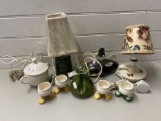 Mixed Lot: Various small table lamps, Carlton ware walking egg cups and covered bowl etc