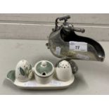 Silver plated sugar scuttle together with a Susie Cooper cruet set