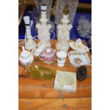 Mixed Lot: Various assorted table lamps, ceramics, polished ashtray, bronzed resin model of a dog