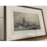 19th Century monochrome study of ships on rough sea, framed and glazed