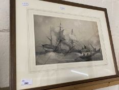 19th Century monochrome study of ships on rough sea, framed and glazed