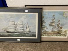 National Maritime Museum coloured prints, Sovereign of the Seas and The Victoria, framed and glazed