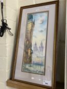 20th Century school study of a European cathedral scene, framed and glazed